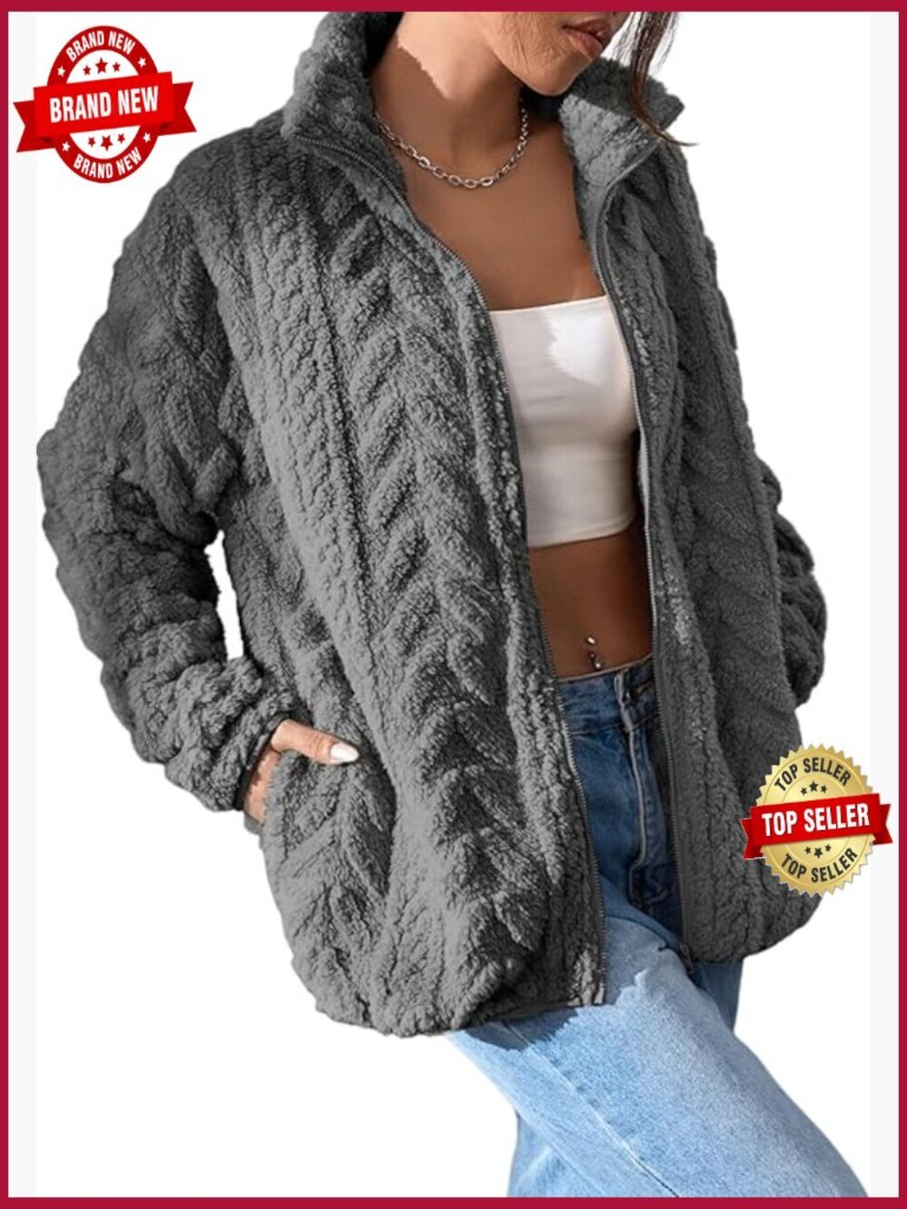 Winter Fleece Jacket Zip Up Stand Collar Casual Coat with Pockets